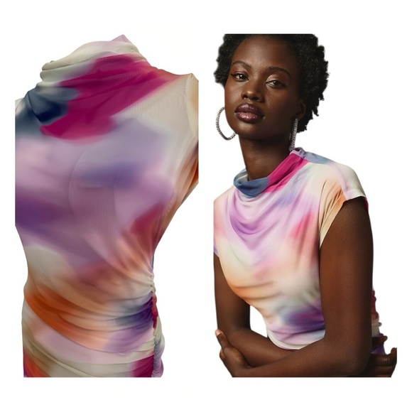 Anthropologie Maya Ruched Cowl-Neck Mesh Dress – Watercolor Print – Size S - Picture 3 of 9